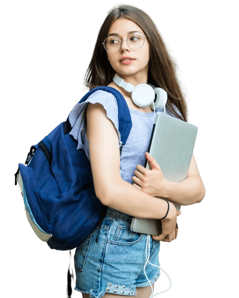 Confident university student carrying a laptop and backpack, representing academic focus, editing, proofreading, and student learning support in the UK.