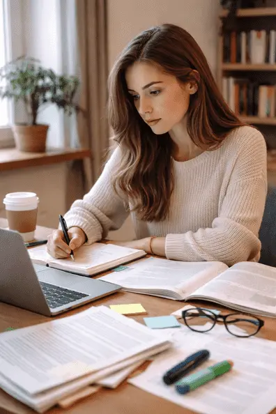 UK postgraduate student studying at a desk with laptop, notes, and books while writing a dissertation in a quiet study space.