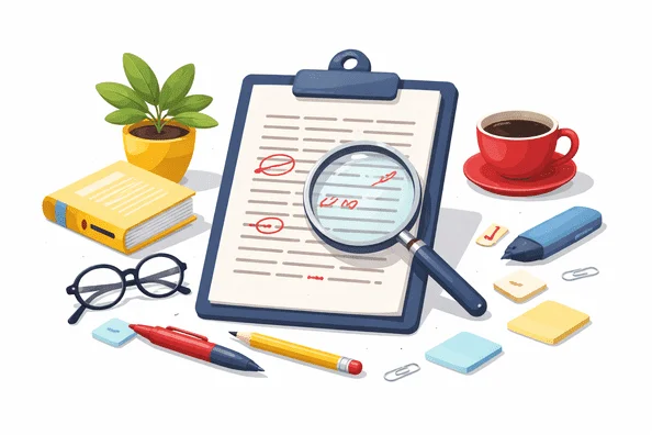 Proofreading document with grammar corrections and magnifying glass