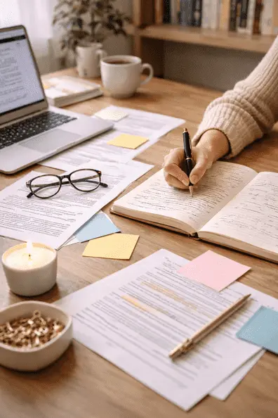 Illustration of a student preparing purpose-driven academic and professional essays in a focused study environment.