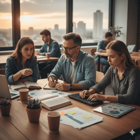 Students balancing academic study and research with professional thesis guidance