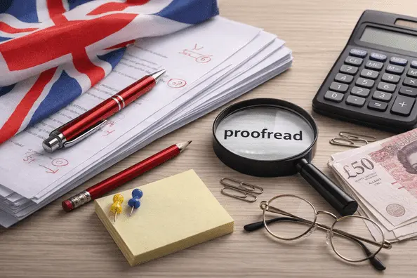 Desk workspace with academic papers marked for correction, red pen, magnifying glass, calculator, glasses, British currency, and UK flag representing proofreading and editing services for students.