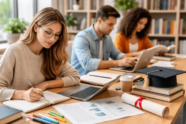 University students conducting academic research for dissertation and thesis work
