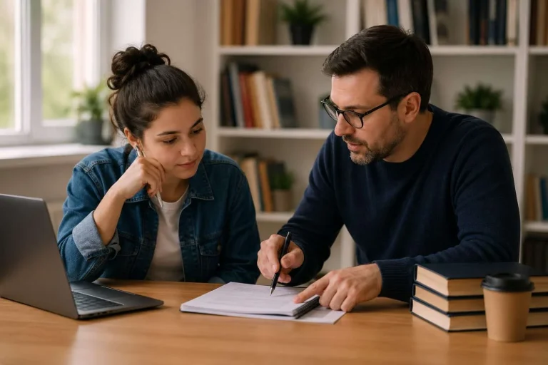 university student receiving assignment guidance from academic tutor at desk with laptop and books