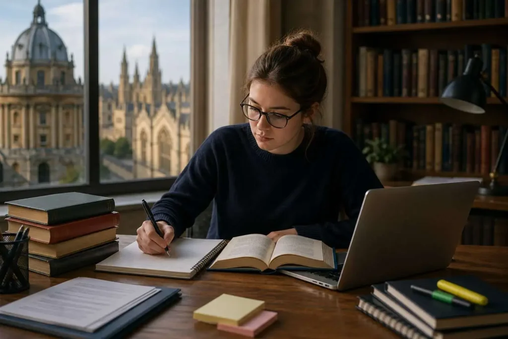 Oxford student writing assignment with books and laptop in academic study setting