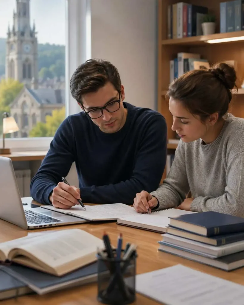 University students collaborating on assignment research and writing in a quiet study space