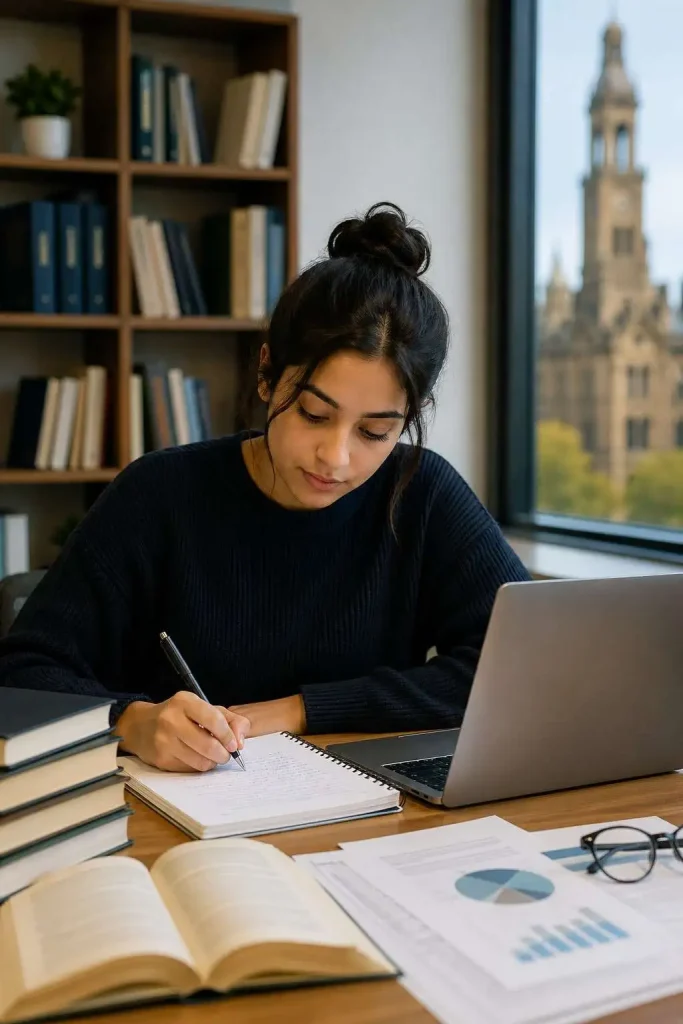 Student writing assignment with laptop for Bradford assignment help support