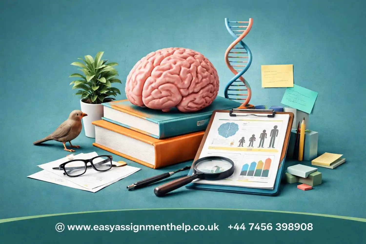 Academic study setup with brain model, DNA strand, books, magnifying glass, and research charts representing evolutionary psychology research for UK students