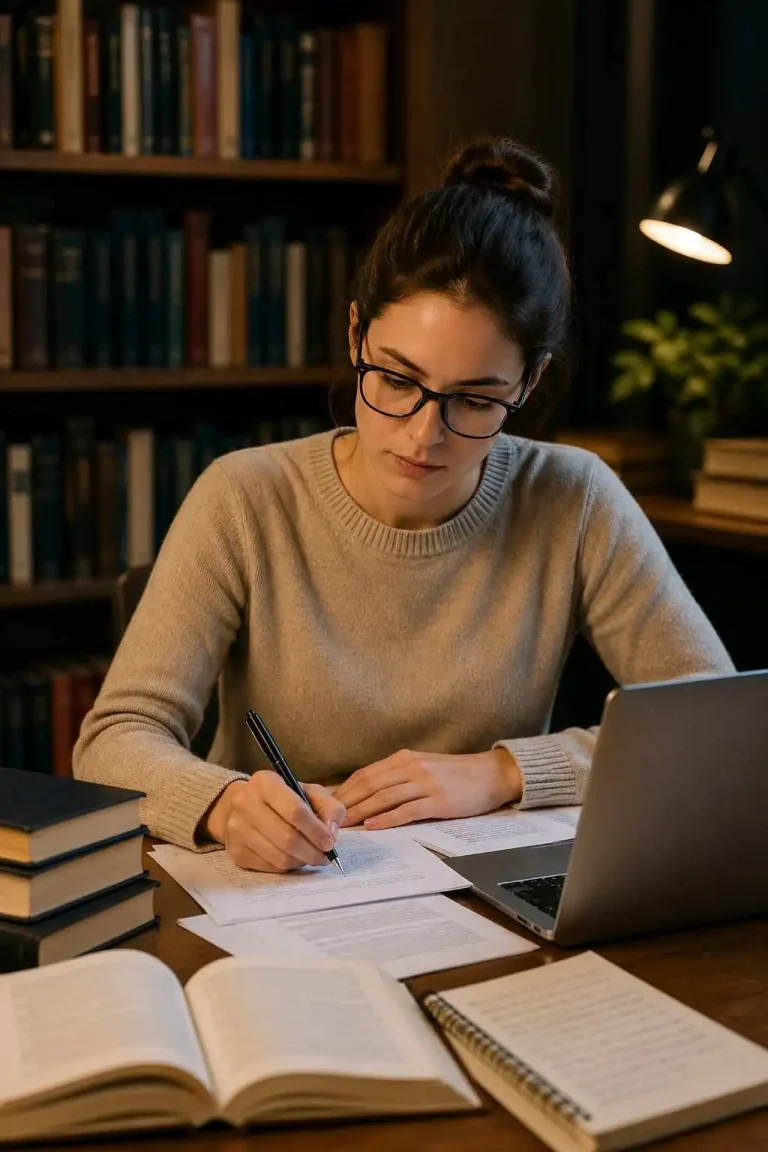 Focused student writing an assignment by hand at a desk with books, laptop, and warm library lighting in the background