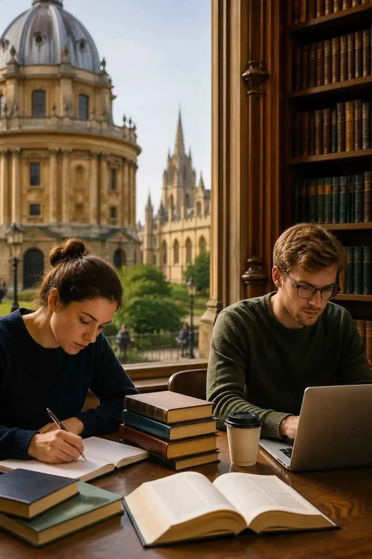 Students studying in Oxford library writing assignments with books and laptop near historic university buildings