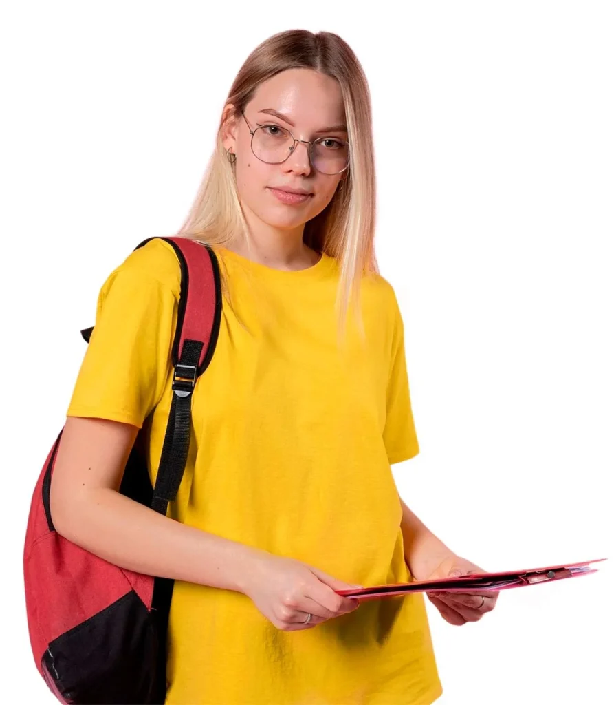 Female university student with backpack and study folder representing academic assignment help support
