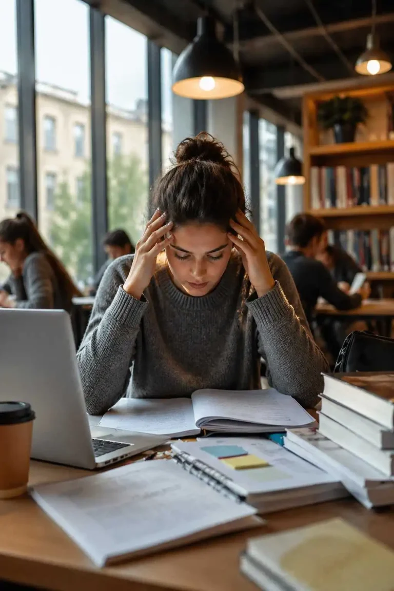 Stressed University of Bradford student studying in library with books and laptop for assignment support concept