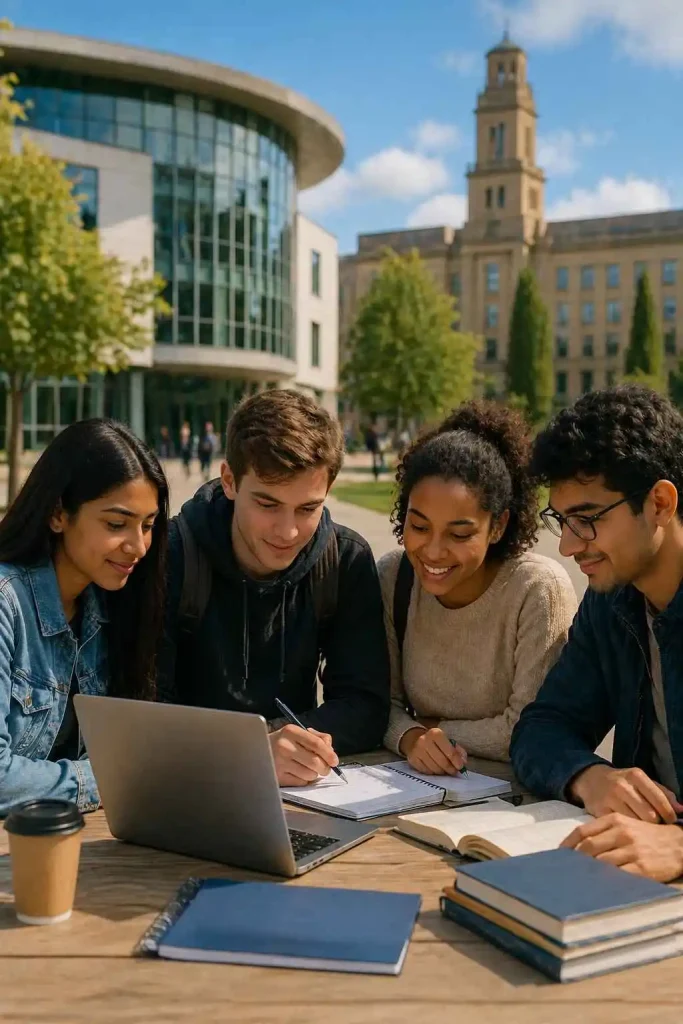 University students studying with laptop for Bradford assignment help support