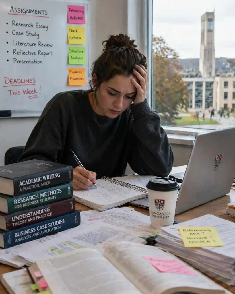 Stressed university student writing notes with laptop books and assignment deadlines on whiteboard
