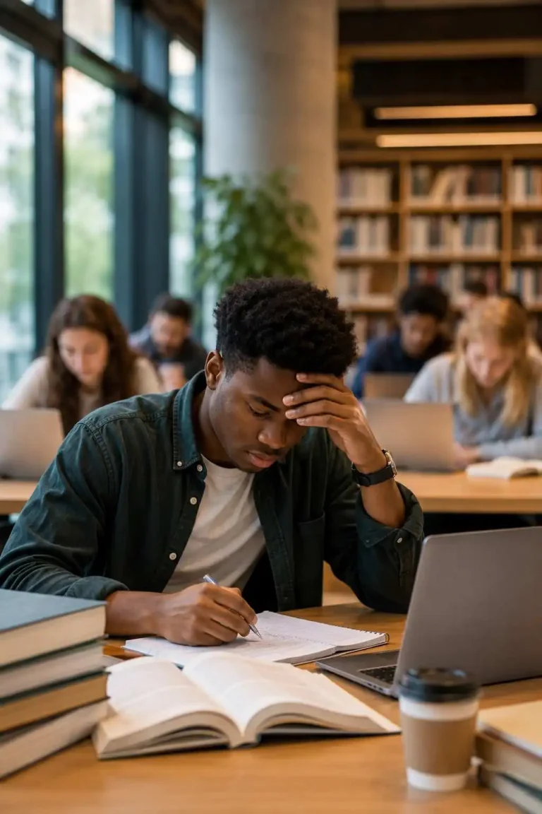 University student managing academic workload in a library study environment