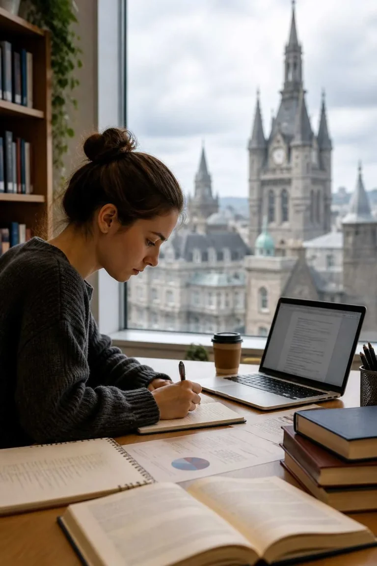 Student studying at a desk with books and laptop near a window overlooking a city skyline, representing academic assignment help support in Aberdeen