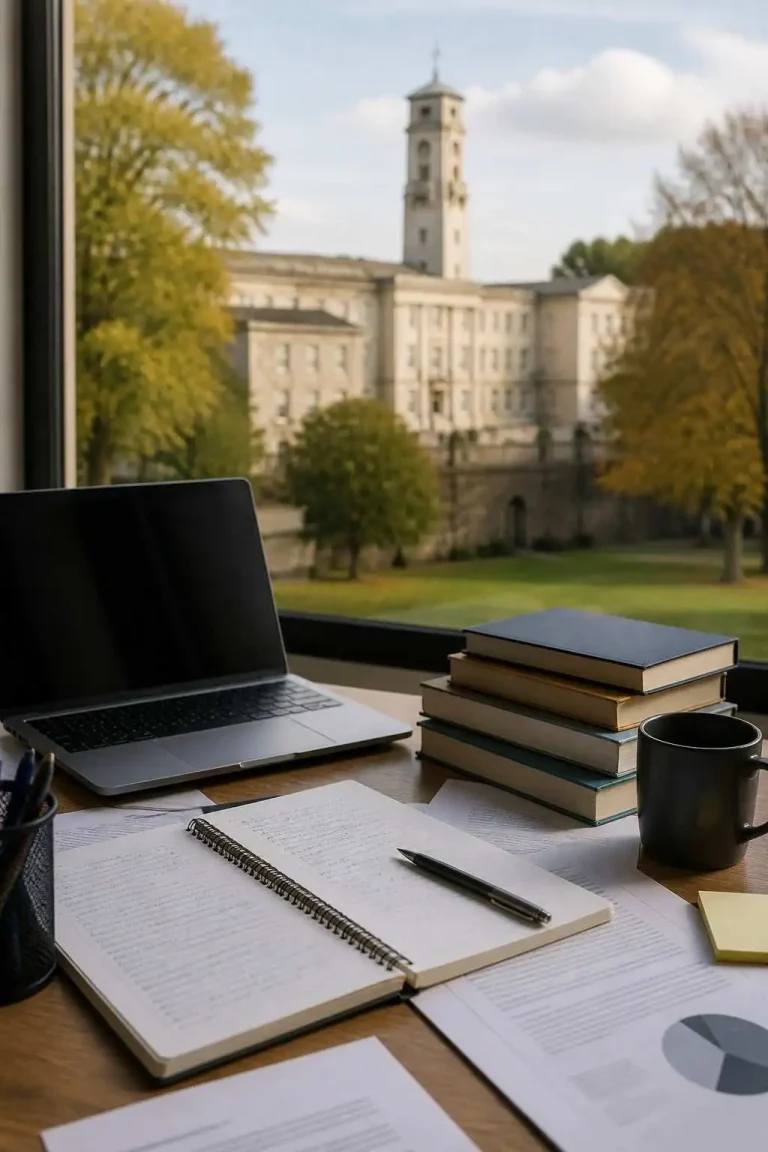 student study desk with laptop books notes and university campus view for assignment help Nottingham