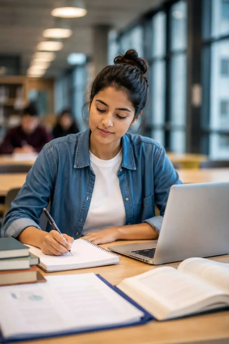 University student working on an assignment in a modern study space in Croydon