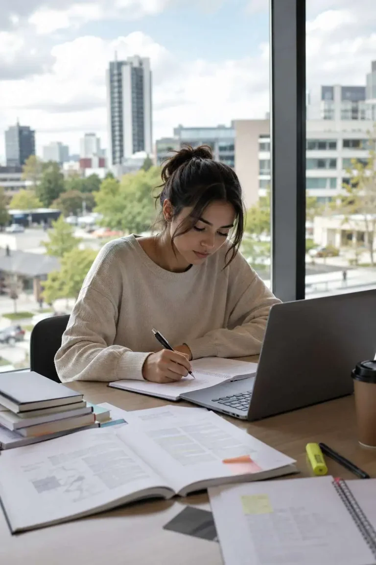 University student working on assignment in a modern study space in East London