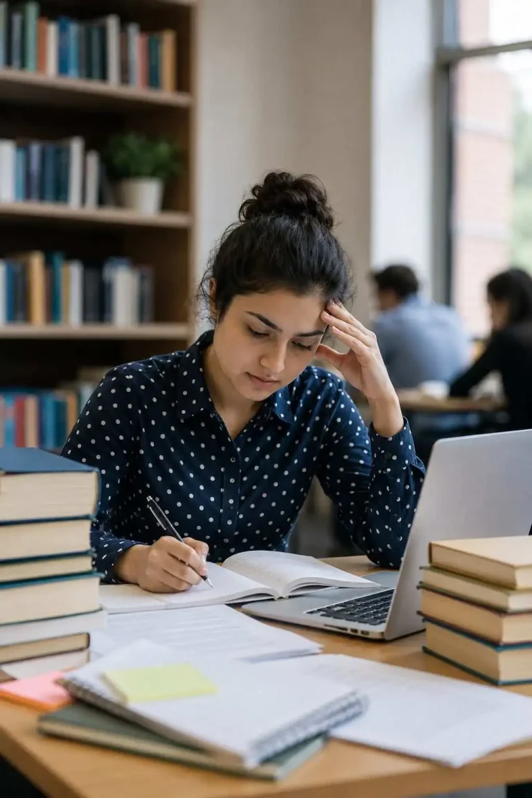 University student studying with books and laptop while managing assignment pressure in Luton