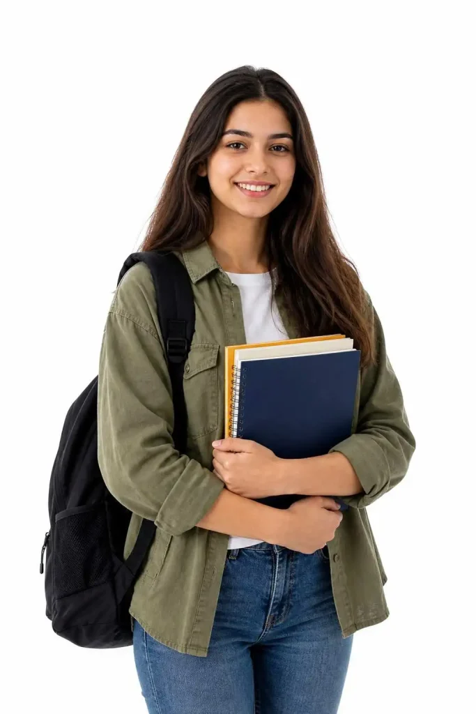 university student holding notebooks with backpack isolated on white background for assignment help Leeds