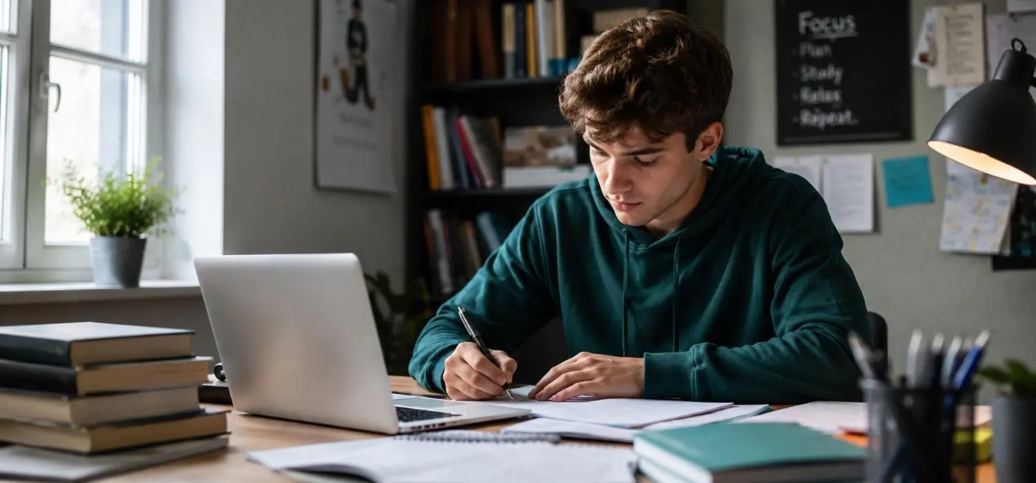 University student studying at a desk with laptop, books, and coursework materials in a focused home study environment