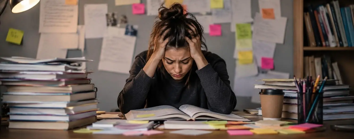 Stressed university student sitting at desk surrounded by books, notes, and coursework showing academic pressure and deadline stress