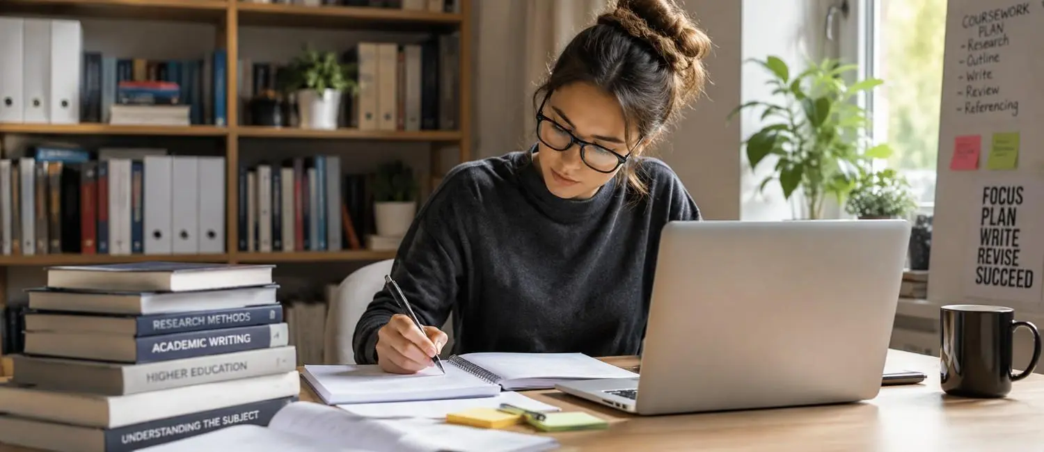 Student writing coursework at desk with laptop, books, and study notes in a bright academic workspace
